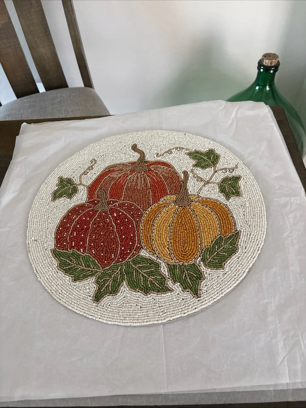 Shabby Chic Beaded Fall Pumpkins Charger Autumn Placemat*Leaves*Centerpiece